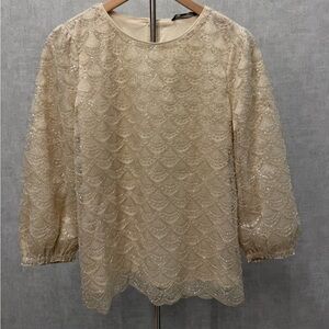 Beaded Scallop Lace Blouse in Champagne